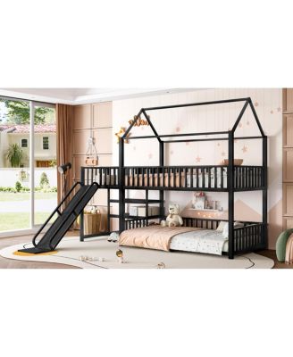 Twin metal House Bunk Bed with Storage Stairs, Slide, Safety Rails