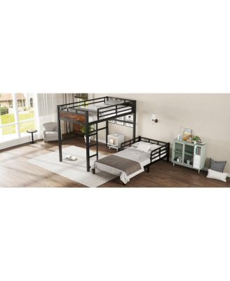 Twin XL over Twin XL Metal Bunk Bed/Loft Bed with Fence, Vintage Wood-Colored