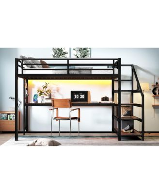 Streamdale Queen Loft Bed with Desk and Storage Stairs, Metal Loft Bed with LED Lights & USB Ports, Black
