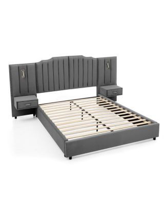Velvet Upholstered Bed Frame with Vertical Stripes