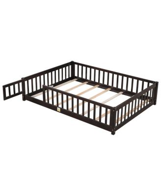  Full Size Floor Bed with Fence, Door, and Safety Guardrails