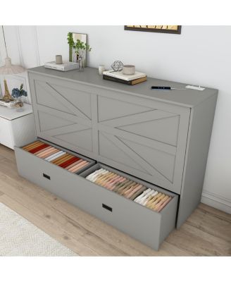 57" Murphy Bed with Storage, Charging Cabinet, Foldable Panels, Swivel Wheels, Gray