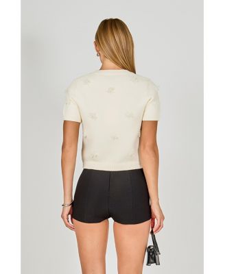 Women's Pearl Trim Short Sleeve Sweater