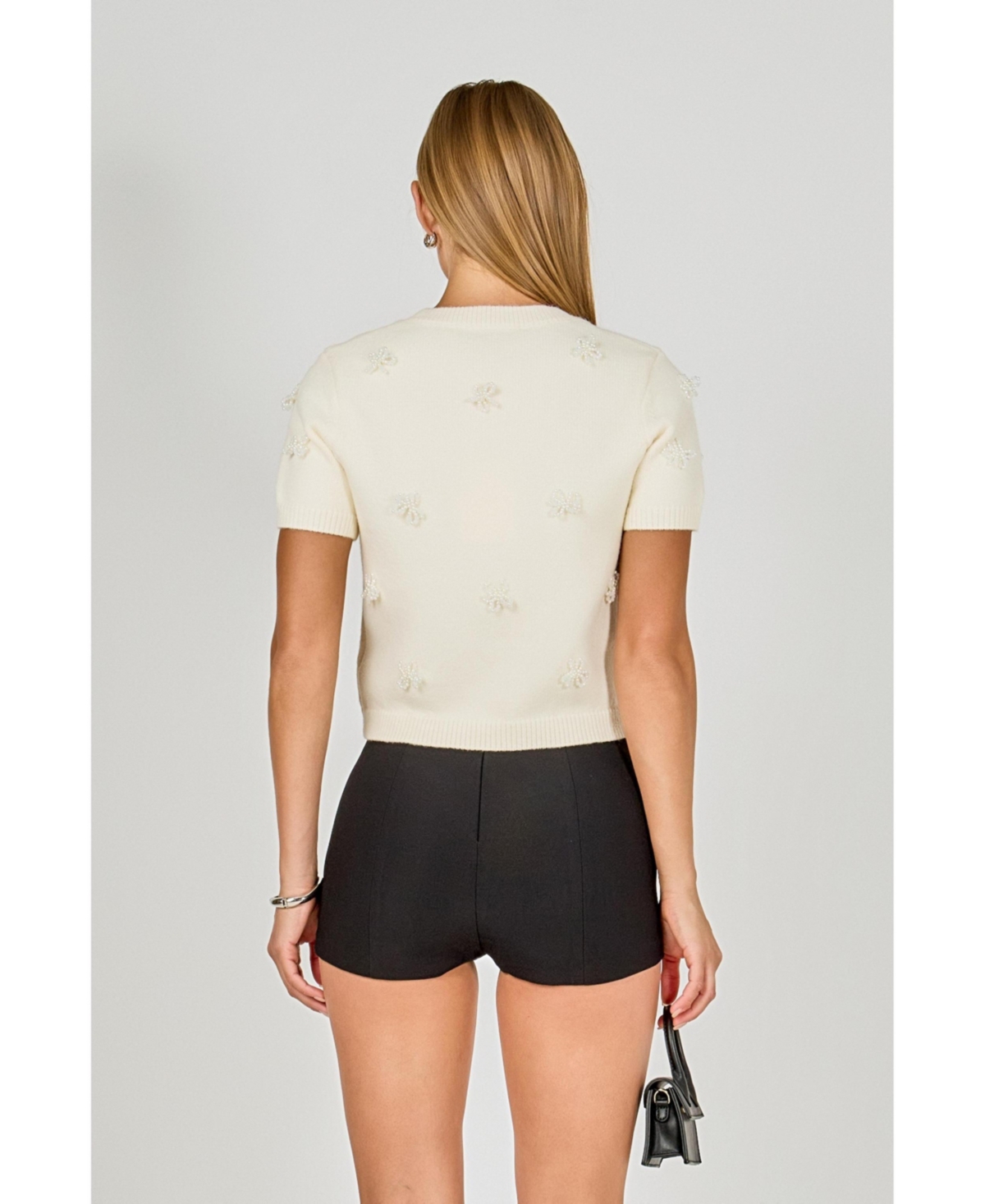 endless rose Women's Pearl Trim Short Sleeve Sweater