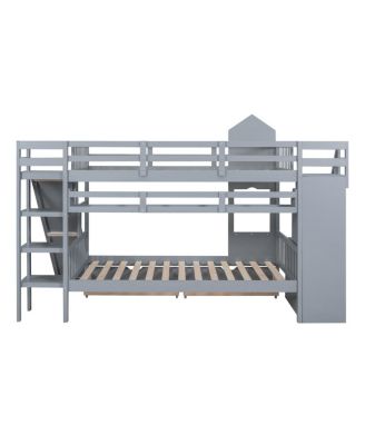  Full-Over-Full Castle Style Bunk Bed with 2 Drawers 3 Shelves and Slide - Gray
