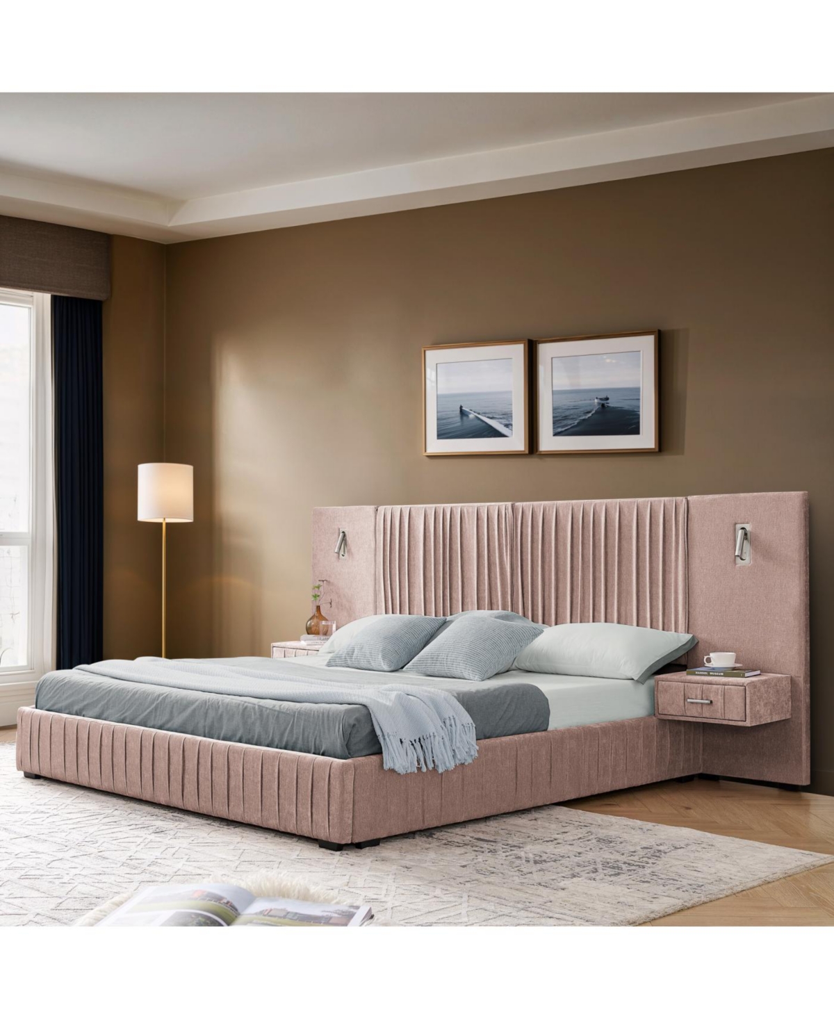 Streamdale Furniture Streamdale Queen Size Chenille Upholstered Bed Frame with Pleated Design - Pink