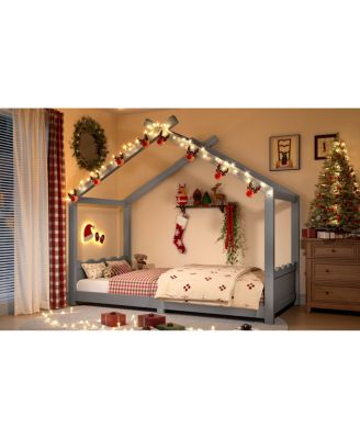 Twin House Floor Bed with Slats, Solid Wood House Bed Frame for Kids, Gray