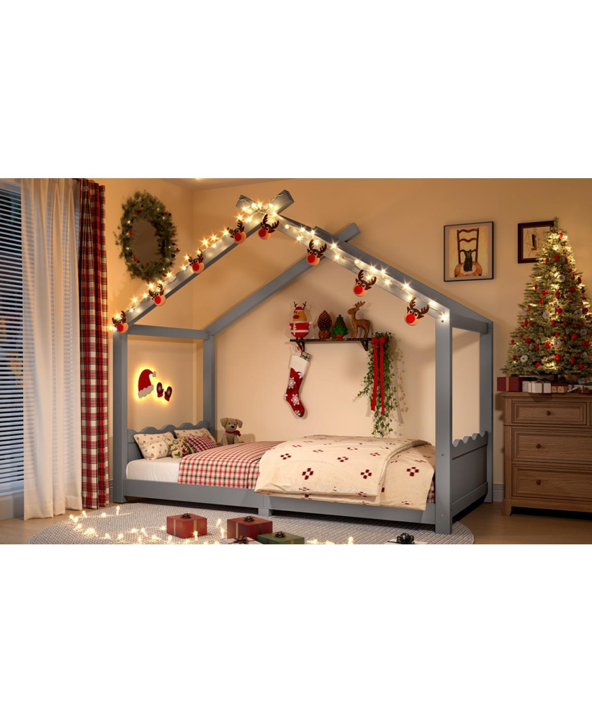 Streamdale Furniture Twin House Floor Bed with Slats, Solid Wood House Bed Frame for Kids, Gray