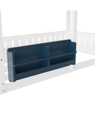 Twin Bunk/Loft Bed with Bookshelf, House Design, Safety Fencing, White & Blue