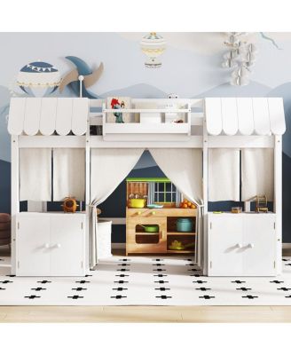  Full Loft Bed with Bookshelf, Curtain, Storage Shelf, Playful Design, White