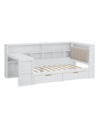 Twin L-shaped Wooden Daybed with Desk & Storage Bookcase, White