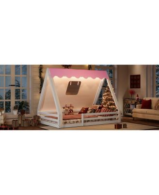 Full Size House Floor Bed with Tent and Light, Solid Wood Teepee Design
