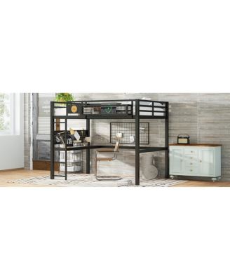Queen Size Loft Bed Frame with Desk and Storage