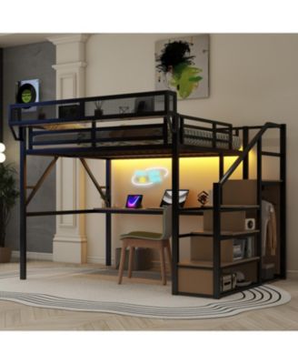 Queen Loft Bed with Desk, Stairs & Light