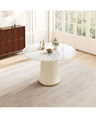  Modern 43.3" Round Dining Table, Glossy Sintered Stone Top, PU Leather Pedestal