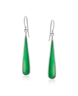 Simple Green Agate Stabilized Turquoise Inlay Long Teardrop Dangle Earrings .925 Sterling Silver