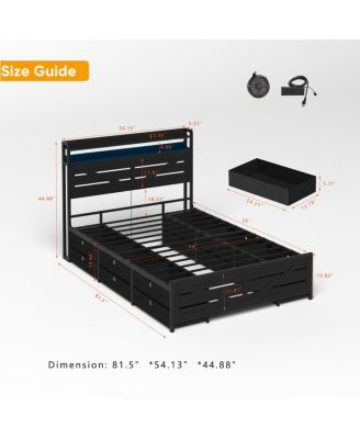 Full-size bed frame with storage headboard, 12 drawers, LED lights