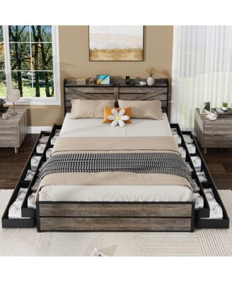 King bed frame with storage headboard and 12 drawers, metal platform foundation