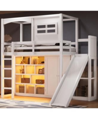 Wood Twin Size Loft Bed with Wardrobe, Storage Shelves, Slide and LED