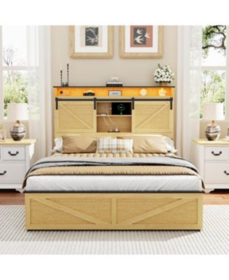 Farmhouse Queen Storage Bed Frame with Headboard, Drawers, Charging & LED