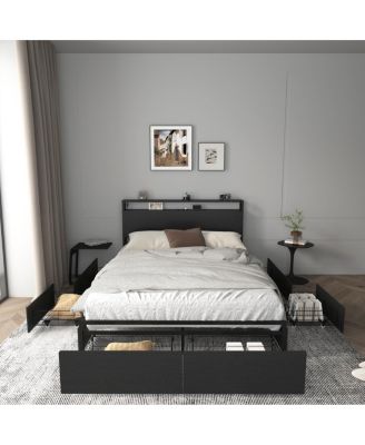 Full Bed Frame with Storage Headboard & Charging Station