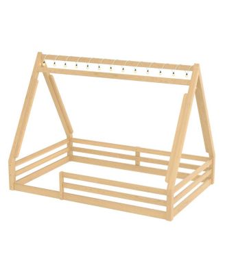 Full Size House Floor Bed with Tent and Light, Solid Wood Teepee Design