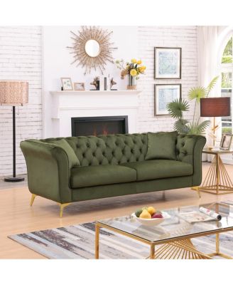  Chesterfield Stanford sofa, green tufted fabric, scroll arm/back loveseater