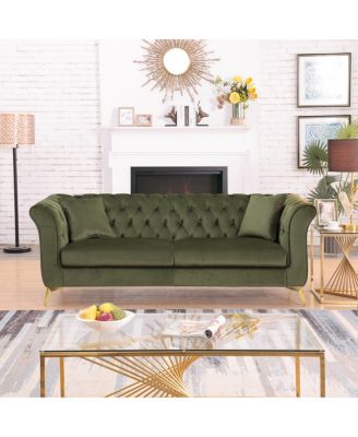  Chesterfield Stanford sofa, green tufted fabric, scroll arm/back loveseater