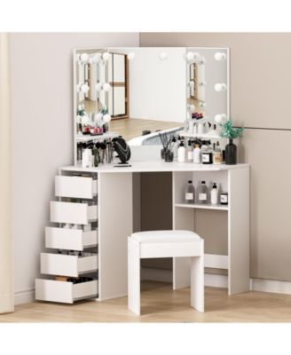 Corner Vanity and Stool, Corner Vanity Desk with Mirror and Lights, Corner Makeup Vanity with Power Outlet