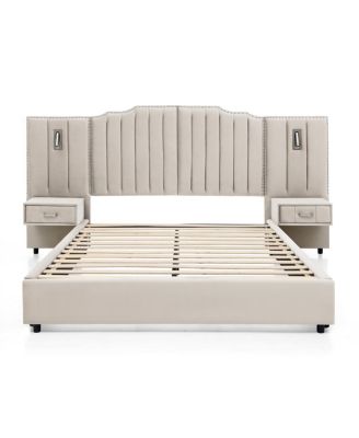 Queen Size Velvet Upholstered Bed Frame with Vertical Stripes