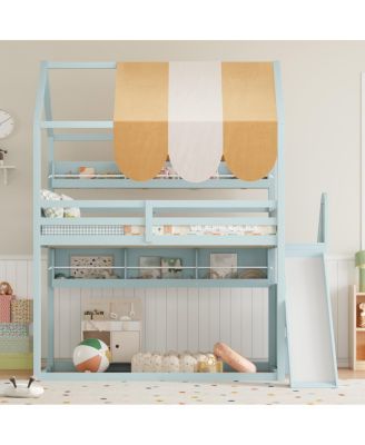 Full Size house Bed with Canopy, Slide & Built-In Bookshelves