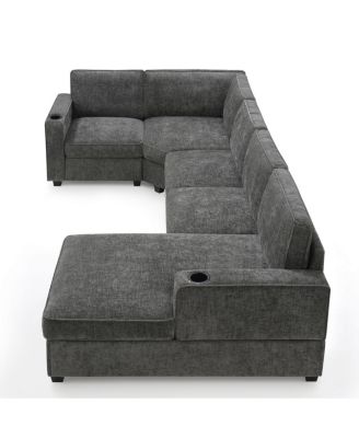 U-Shaped Sectional Sofa, 6 Seat Chenille Corner Couch with Cup Holders & Chaise
