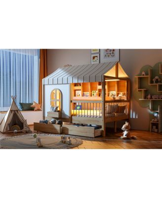 Full Size House Bed with 2 Large Drawers, Side Bookshelf with LED Strip, Natural