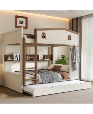 Queen over Bunk Bed with Trundle and Storage, Solid Wood