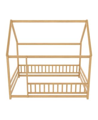 Full Size Floor Wooden Bed with House Roof Frame, Fence Guardrails