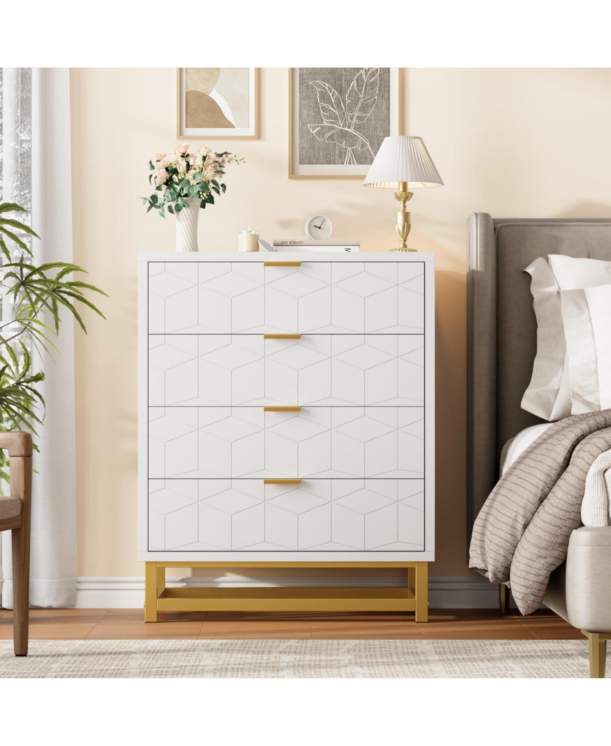 gaomon 4-Drawer Bedroom Dresser, Modern Wood Storage Chest with Metal Legs and Wide Drawers for Living Room or Hallway
