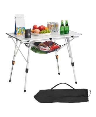Roll-Up Folding Camping Table, Adjustable Height Aluminum with Mesh Shelf, Carry Bag