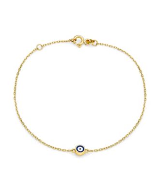 Simple Minimalist 14K Yellow Gold Amulet Tiny Blue Evil Eye Charm Bracelet 6.5-7.25 Inch Adjustable