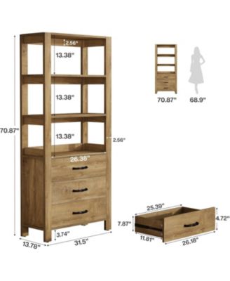 70.9" Tall Bookshelf with 3 Large Drawers, Wooden Bookcase with 3-Tier Open Shelf, Modern Freestanding Display Shelf Organizer
