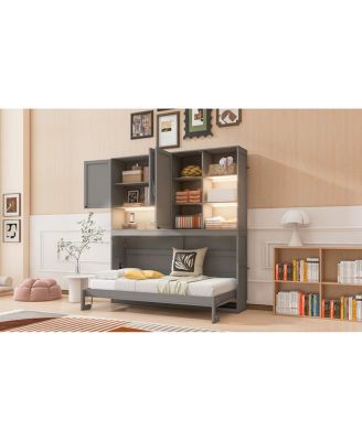 Twin Size Wall Murphy Bed with Cabinet, Shelves, Light & USB