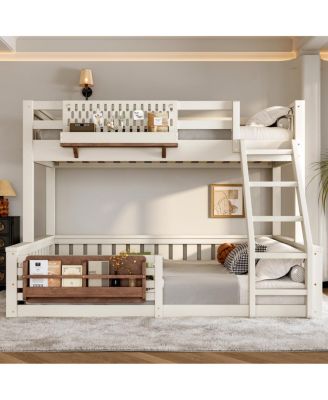 Twin XL over Queen Bunk Bed with Ladder, Guardrails, Pegboard & Bookshelf