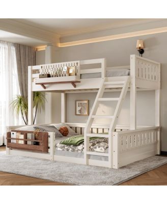 Twin XL over Queen Bunk Bed with Ladder, Guardrails, Pegboard & Bookshelf