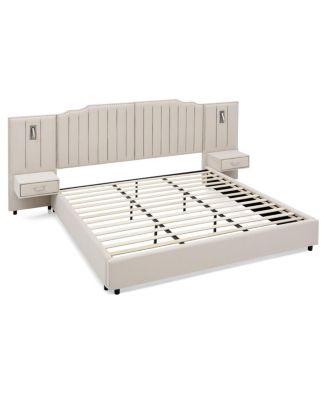 King Size Velvet Upholstered Bed Frame with Vertical Stripe Design