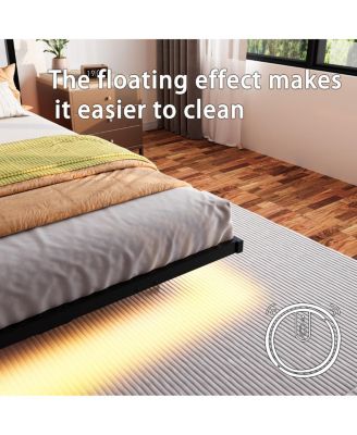 Queen Size Floating Bed Frame with Headboard & Storage, USB/LED