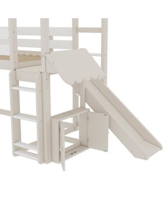 Twin Size Loft Bed with Bookshelf and Slide - Kids House-Shaped Design