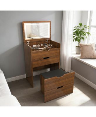 Streamdale 3-in-1 Vanity Desk with Lighted Mirror & Stool, Flip Top Makeup Dressing Table (Walnut