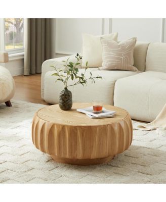 Round Solid Wood Carved Coffee Table with Elegant Sculptural Design