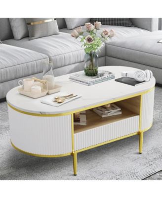 Modern Fluted Coffee Table, 48" Modern Oval Coffee Table with Drawer, Faux Marble Top, Curved Profile Center Table with Storage