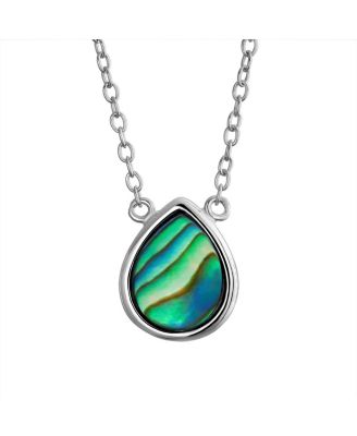 Simple Teardrop Pear-Shaped Rainbow Abalone Shell Inlay Pendant Necklace .925 Sterling Silver