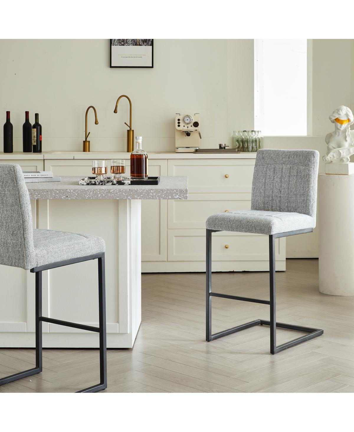 Streamdale Furniture Bar Stool – Light Gray Fabric Chair with Black Metal Frame (2 Sets)
